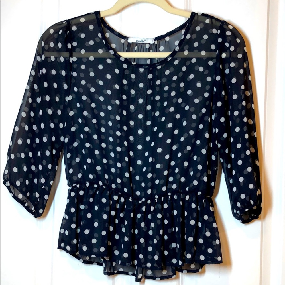 Polka Dot Peplum Blouse Cropped Navy Blue Sheer